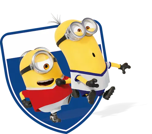 Cartela de figurinhas com fundo azul e dois Minions