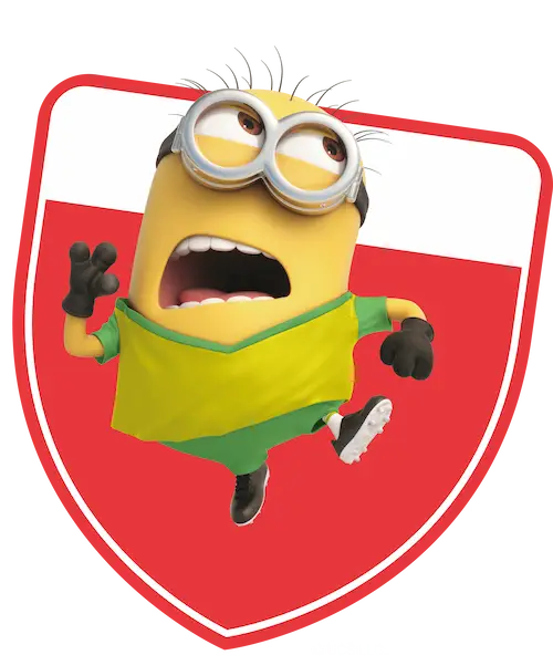 Cartela de figurinhas com fundo vermelho e um Minion